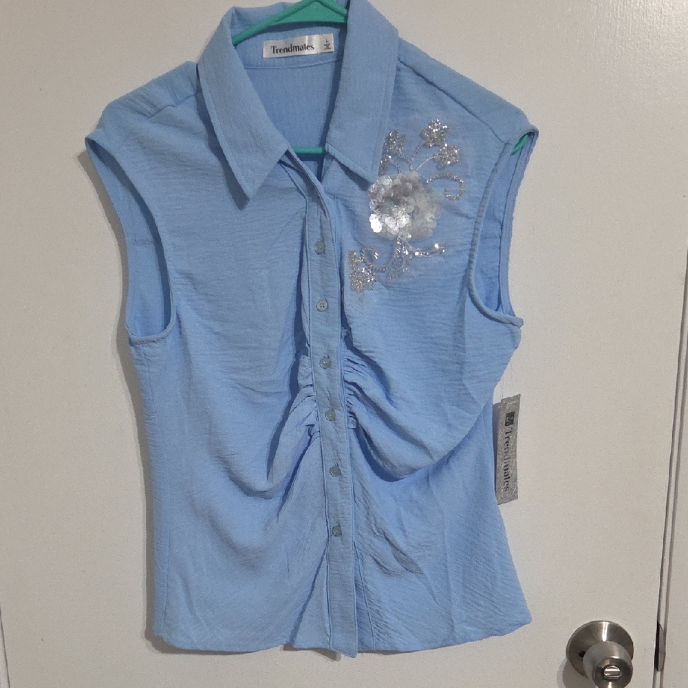 Light Blue Button Down Shirt with Floral Detail
